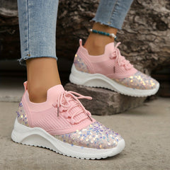 Women's Glitter Sequins Sneakers Pink Lace Up Comfortable Walking Shoes