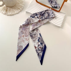 Purple Flower Print Skinny Scarf Vintage Long Ribbon Neckerchief