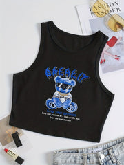 Bear Print Y2K Crop Tank Top Sleeveless Crew Neck Casual Top
