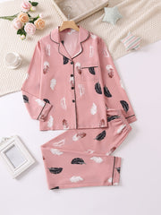 Feather Print Pajamas Set Cardigan Top & Pants Loungewear