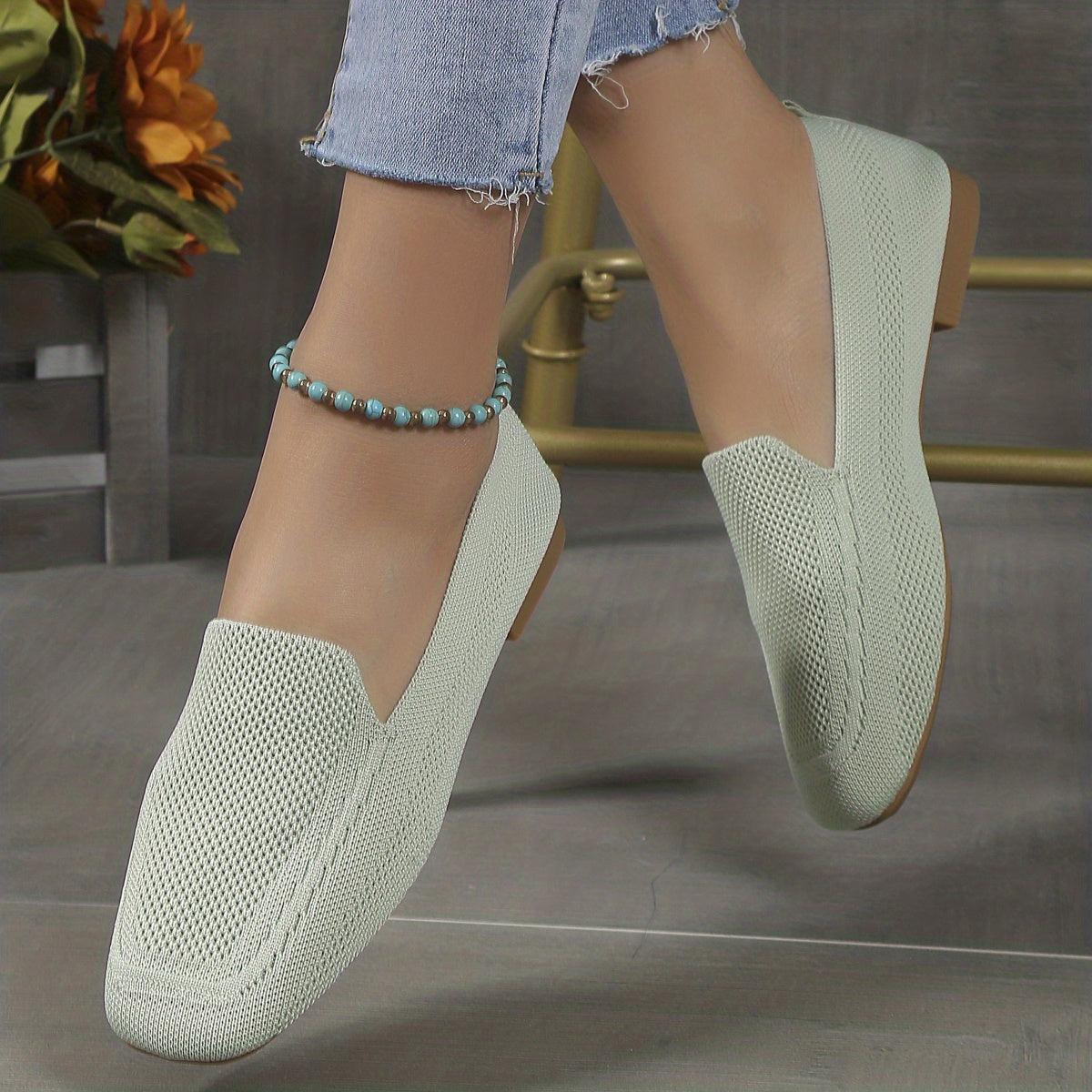 Women's Knitted Flat Shoes Comfy Square Toe Slip On Casual Walking Flats