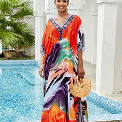 Colorful V Neck Kaftan Cover Up Sun Protection Dress