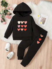Girl's Heart Print Hoodie and Sweatpants Set Spring Fall Clothes