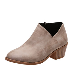 Women's Ankle Stacked Heel Short Boots V Cut Side Zipper