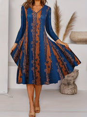 Dot & Stripe Print V Neck Long Sleeve Dress