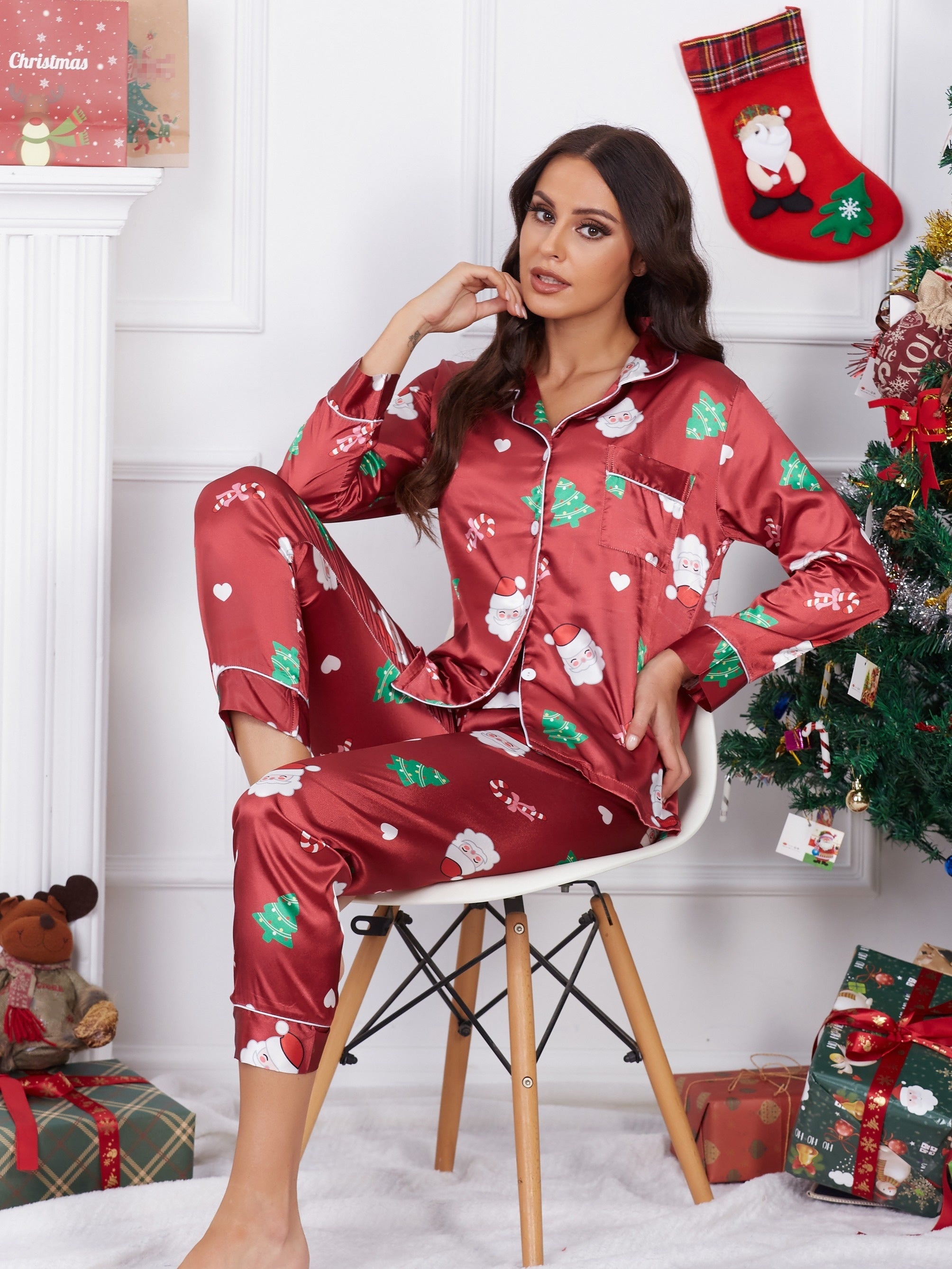 Santa Claus Print Pajama Set Long Sleeve Top & Elastic Waistband Pants