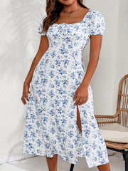 Sexy Dress Women's Plus Allover Floral Print Puff Sleeve Summer Dress