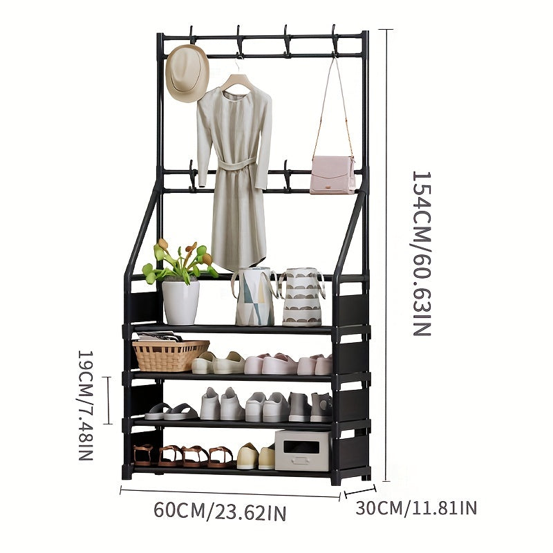 Minimalist Clothes Rack & Shoe Stool w/Metal Frame & 8 Hooks