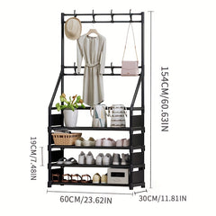 Minimalist Clothes Rack & Shoe Stool w/Metal Frame & 8 Hooks