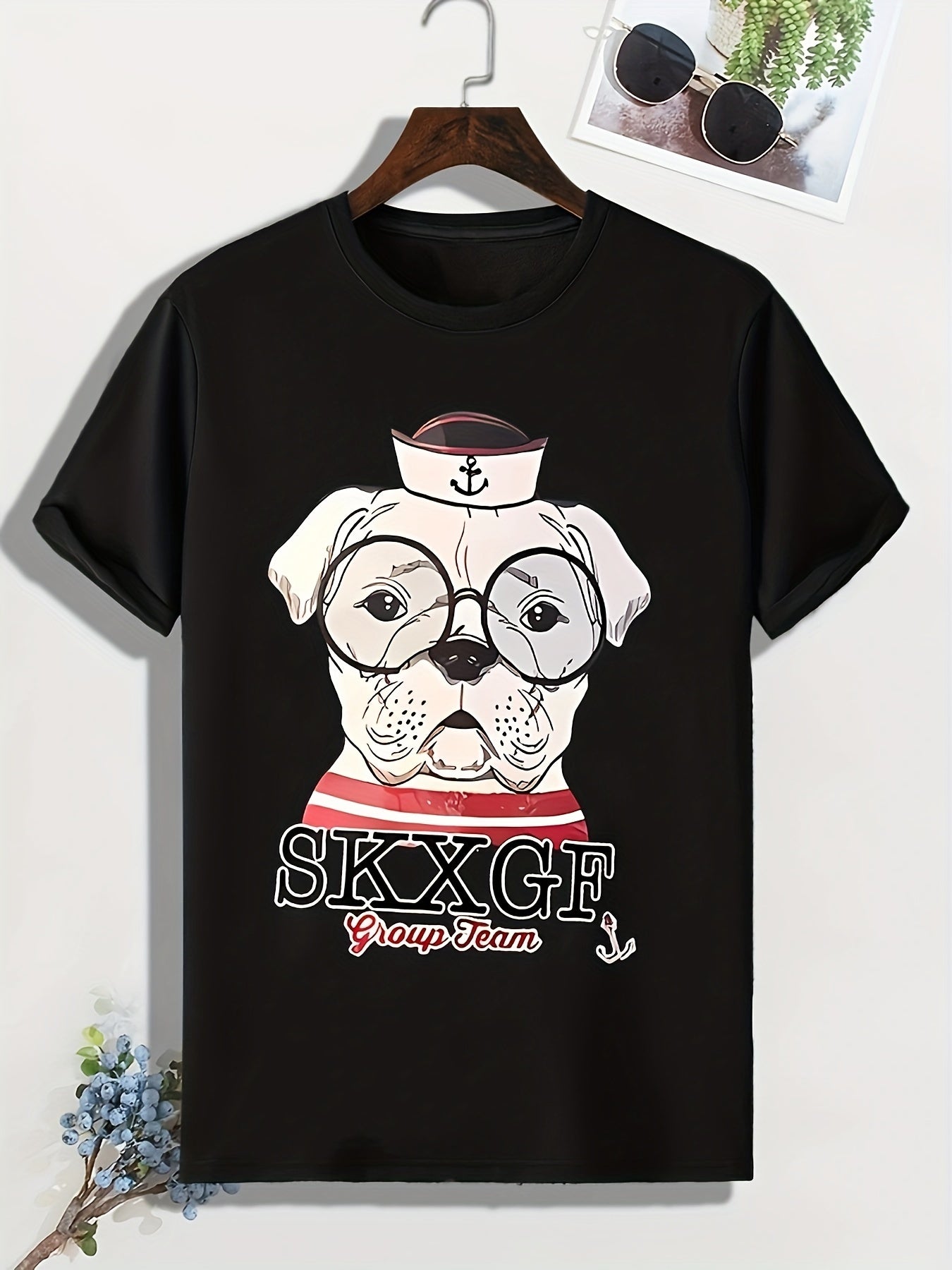 Men's Cartoon Dog Print T shirt Casual Slightly Stretch Crew Neck Tee