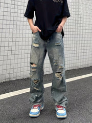 Men's Distressed Cotton Jeans Casual Street Style Denim Pants