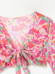 Floral Print Bell Sleeve Cover Up V Neck Stretchy Crop Beach Sun Protection