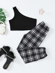 Girls Cold Shoulder Tank Top and Plaid Pants Set