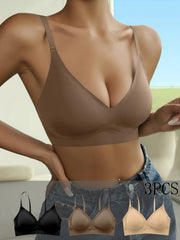 3pcs Seamless Solid Wireless Bras Comfy & Breathable Push Up Bra
