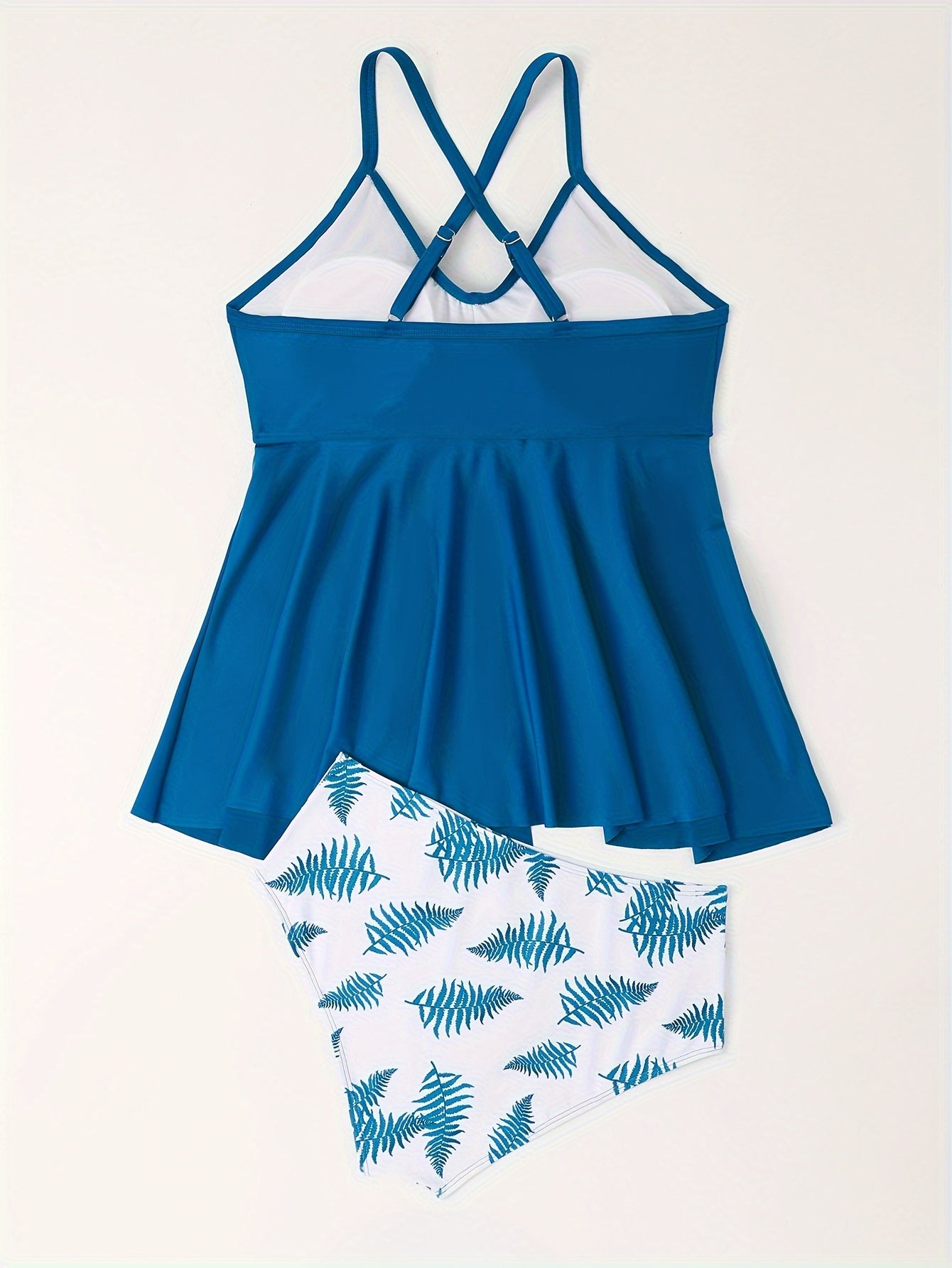 Solid V Neck Crisscross Back Cami Top & Leaf Print Panty Swimsuit Set