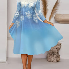 Snowflake Print Long Sleeve V Neck Loose Fit Dress