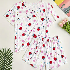 Strawberry Print Pajama Set Short Sleeve Top & Shorts Two Piece Set