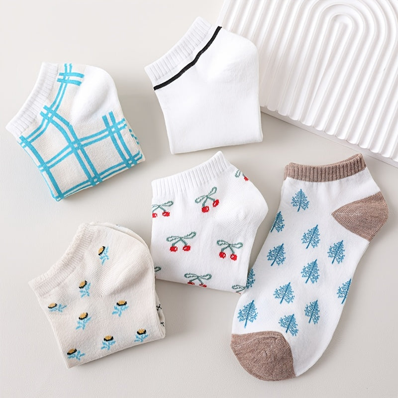 5 Pairs Floral Pattern Socks & Ankle Socks Women's Stockings