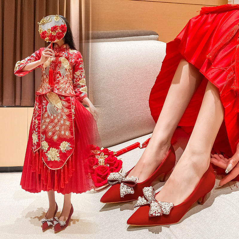 Red Kitten Heeled Pumps with Faux Pearl Bow Tie