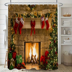 Christmas Fireplace Shower Curtain Set with 12 Hooks