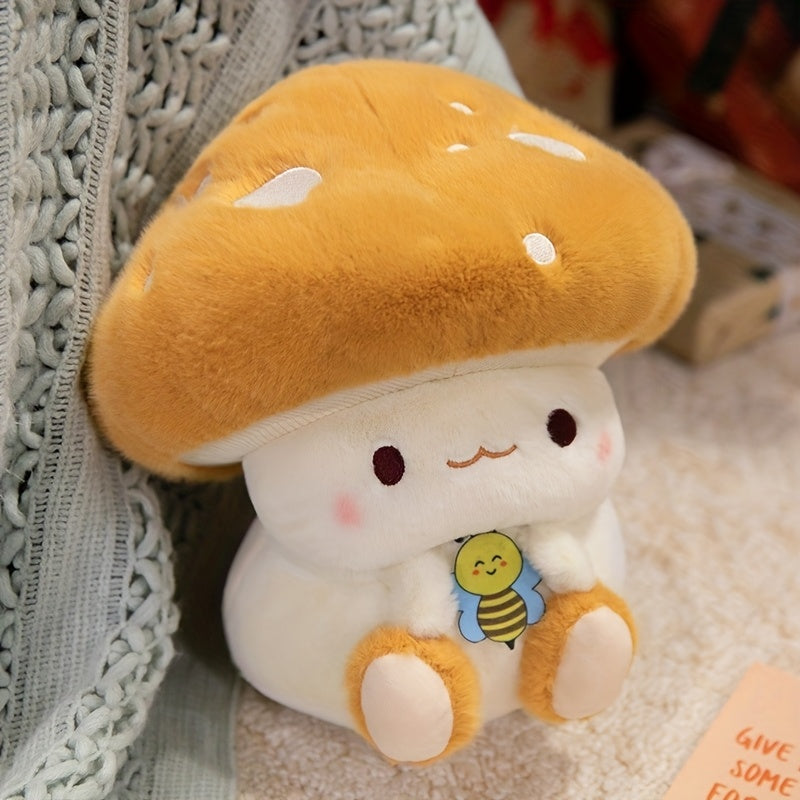 Anime Mushroom Soft Plush Stuffed Toy with Bee Pastel Beige for Kids Decor