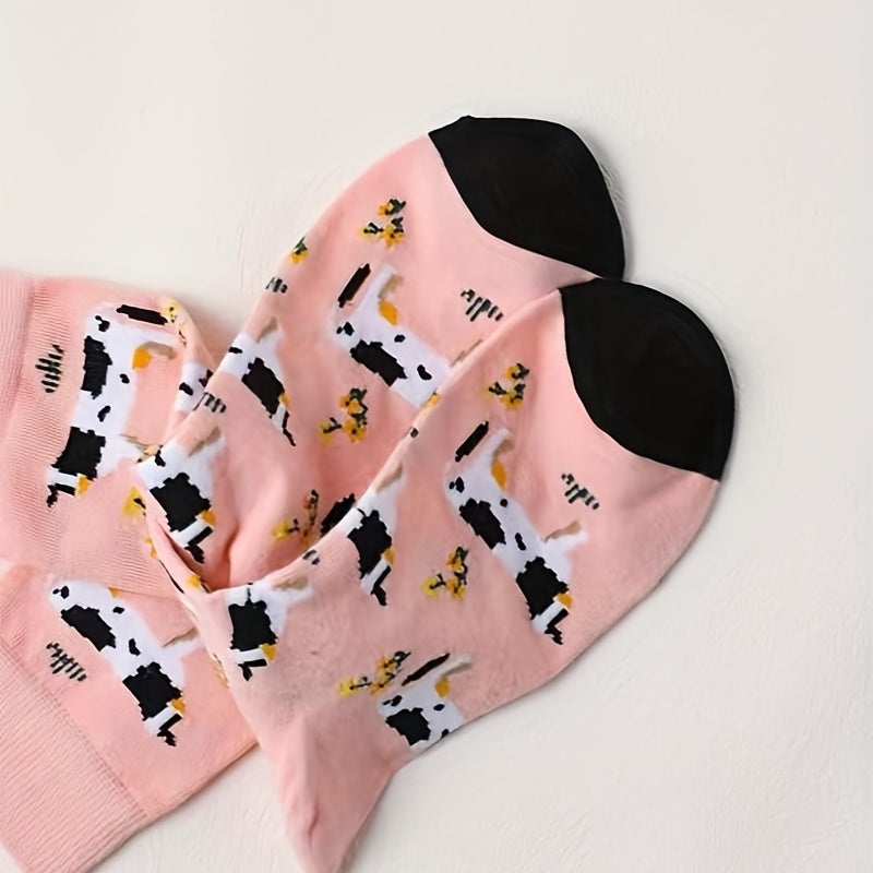 Cartoon Cow Print Socks Comfy & Mid Tube Women's Stockings