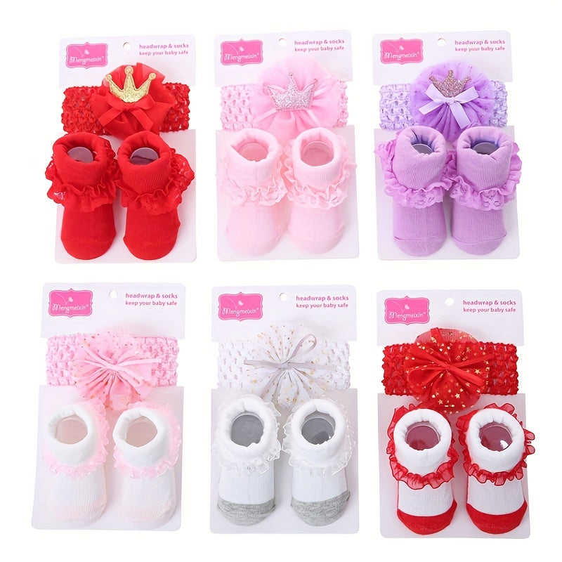Baby Girl Cotton Princess Flip Bow Knot Lace Crew Socks & Bow Headband Set
