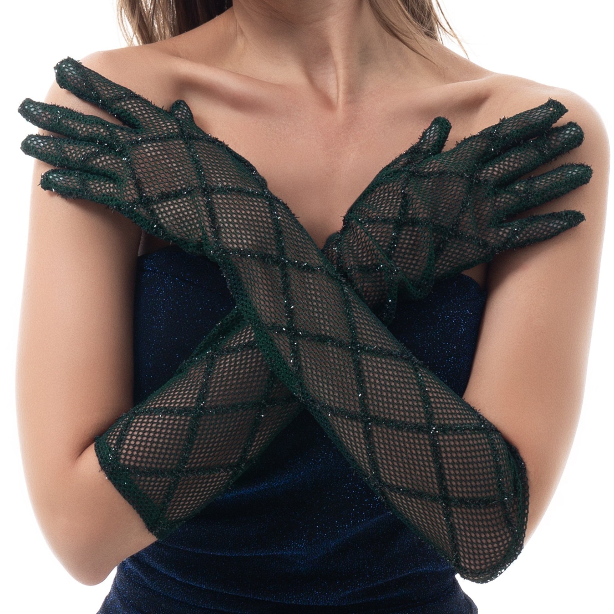 Dark Green Mesh Long Gloves Vintage Plaid Dress Up Elastic Gloves