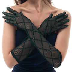 Dark Green Mesh Long Gloves Vintage Plaid Dress Up Elastic Gloves