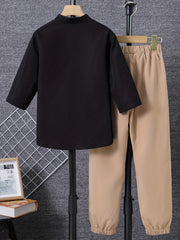 Boy's 2pcs Button Front Shirt & Pants Set Solid Casual Outfits Kids Clothes