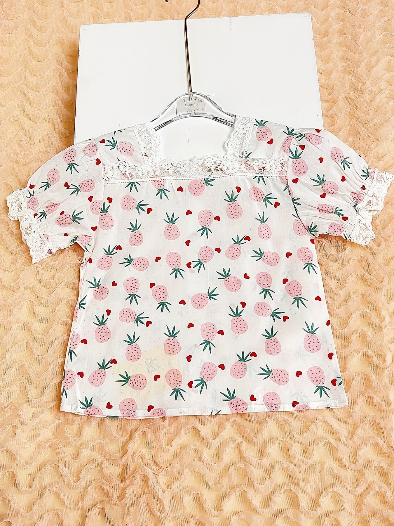 Girls Pink Fruit Full Print Lace Square Neck Short Sleeve Shirt