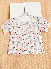 Girls Pink Fruit Full Print Lace Square Neck Short Sleeve Shirt