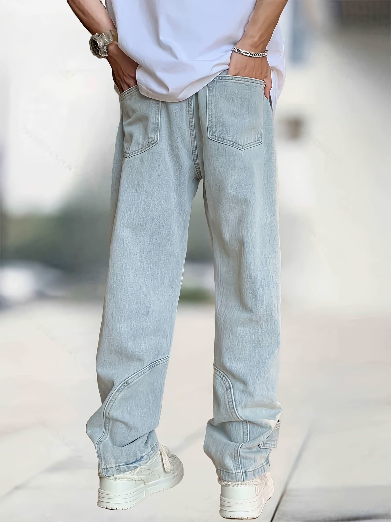 Classic Straight Leg Jeans Mens Casual Street Style Distressed Denim Pants