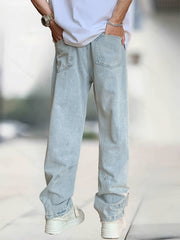 Classic Straight Leg Jeans Mens Casual Street Style Distressed Denim Pants