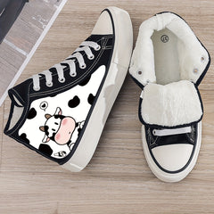 Girl's Cartoon Cow High Top Skate Shoes Warm Plush Lining Non Slip Sneakers