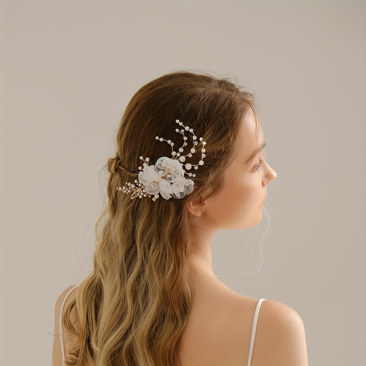Mesh Flower Charm Hair Clip Rhinestone & Faux Pearl Decor Barrette