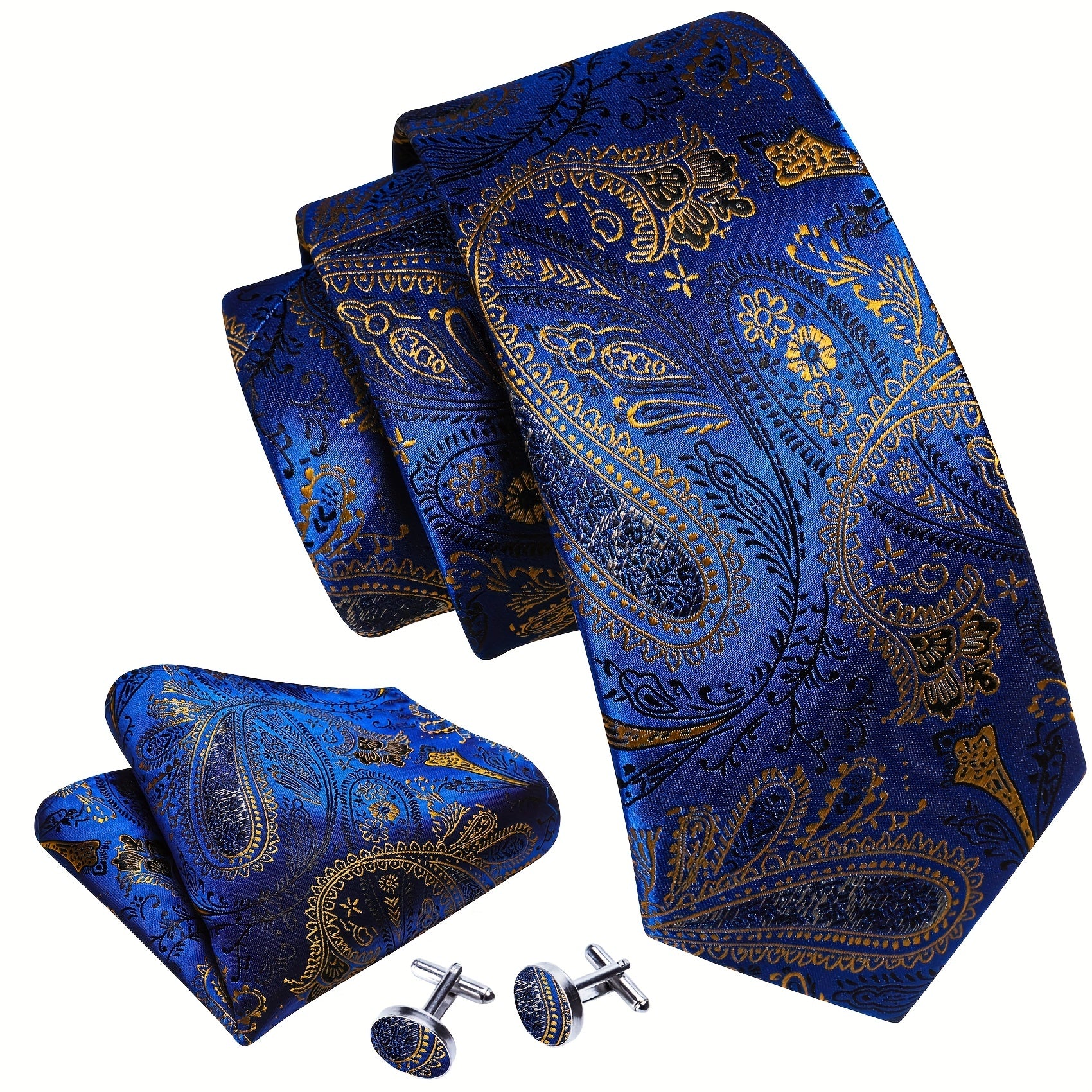Barry Wang Men's Tie Paisley Set Dark Jacquard Pocket Square Cufflinks