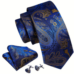 Barry Wang Men's Tie Paisley Set Dark Jacquard Pocket Square Cufflinks