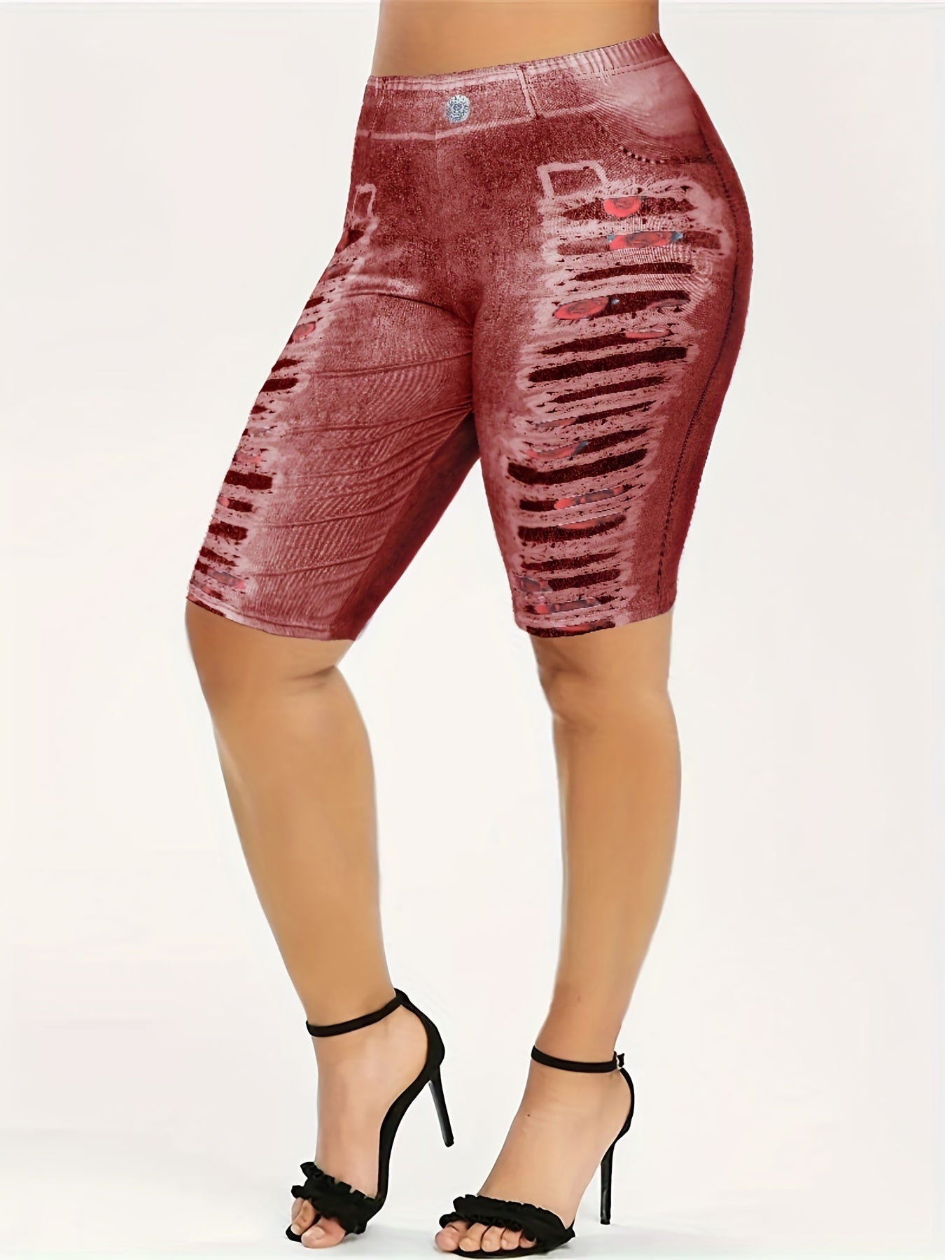 Women's Plus Denim Print High Rise Skinny Shorts