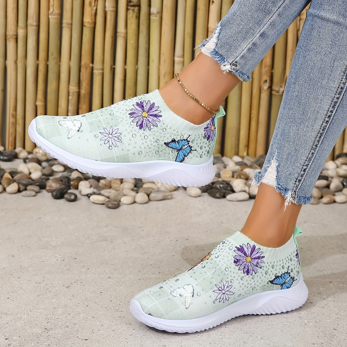 Women's Flower & Butterfly Sneakers Slip On Outdoor Shoes Breathable Woven