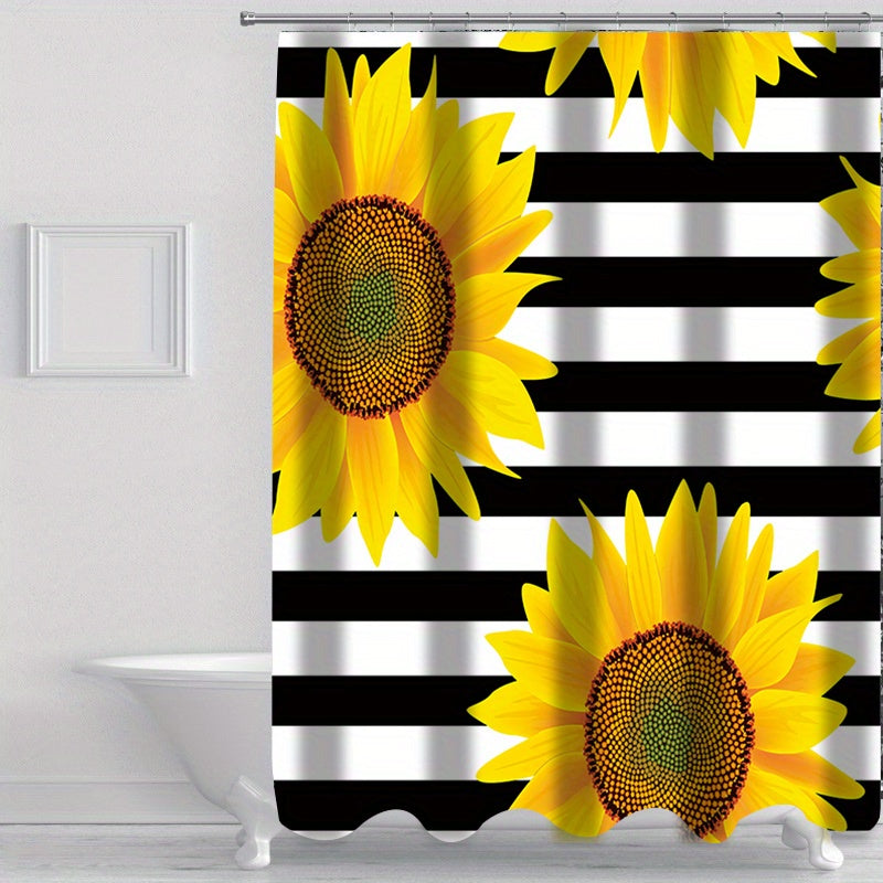 Sunflower Shower Curtain Set with 12 Hooks & Non-Slip Bathroom Rug