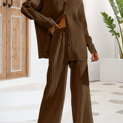 Solid Textured Two piece Set Button Front Long Sleeve Shirt & Wide Leg Pants
