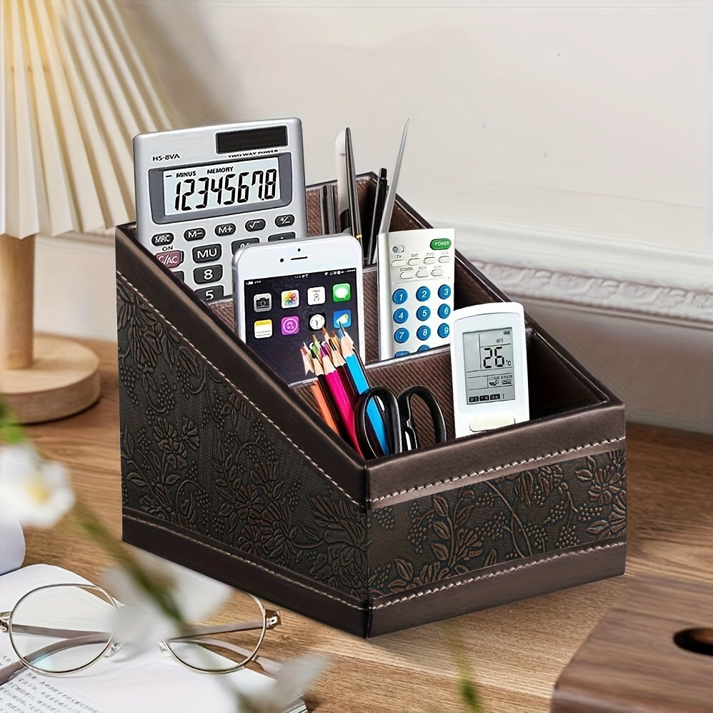 Remote Control Holder Organizer Box 3 Compartments PU Leather Desk Accessories