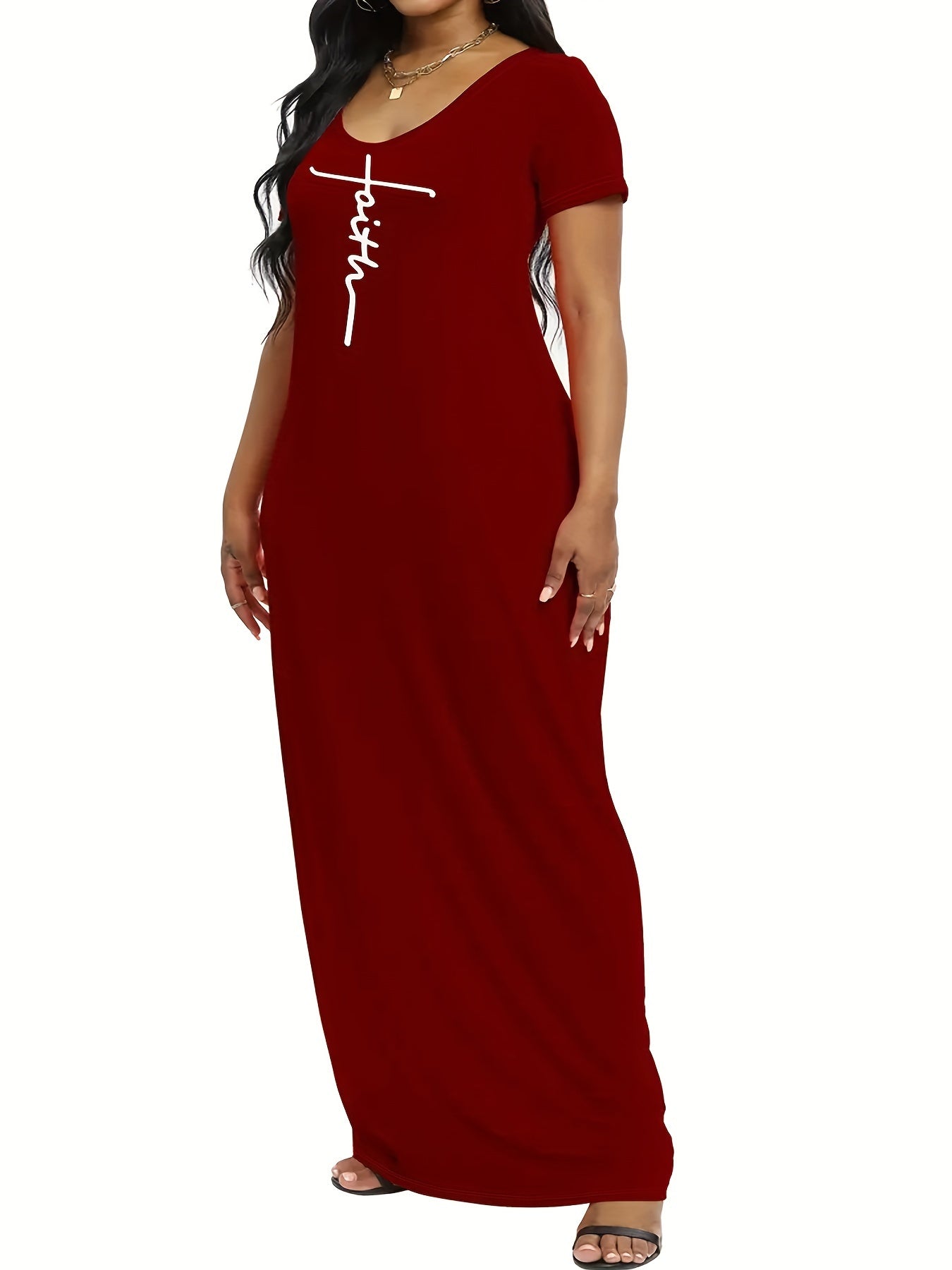 Letter Print Short Sleeve V Neck Maxi Dress