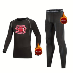 Kids Compression Fleece Set, Football Pattern Crew Neck, Elastic Waist