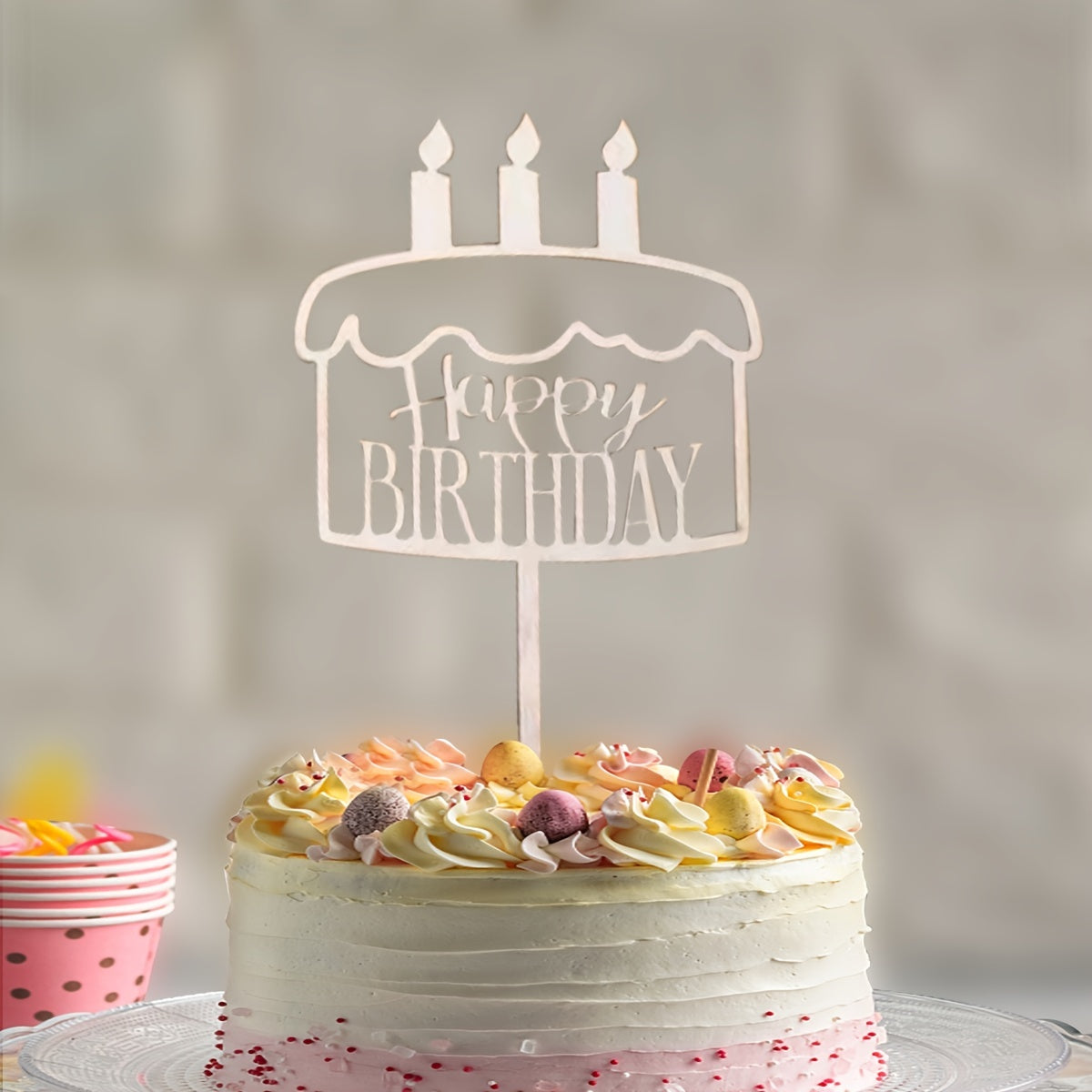 Wooden Happy Birthday Cake Candle Topper Dessert Table Decoration
