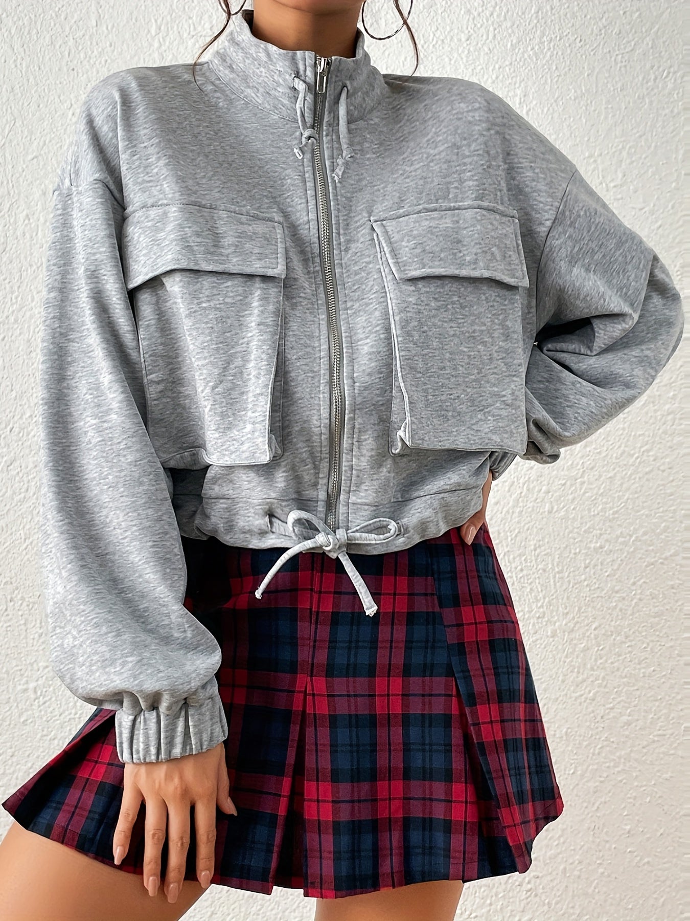 Zipper Uo Mock Neck Casual Sports Sweatshirts With Pocket Y2k Solid Long Sleeve