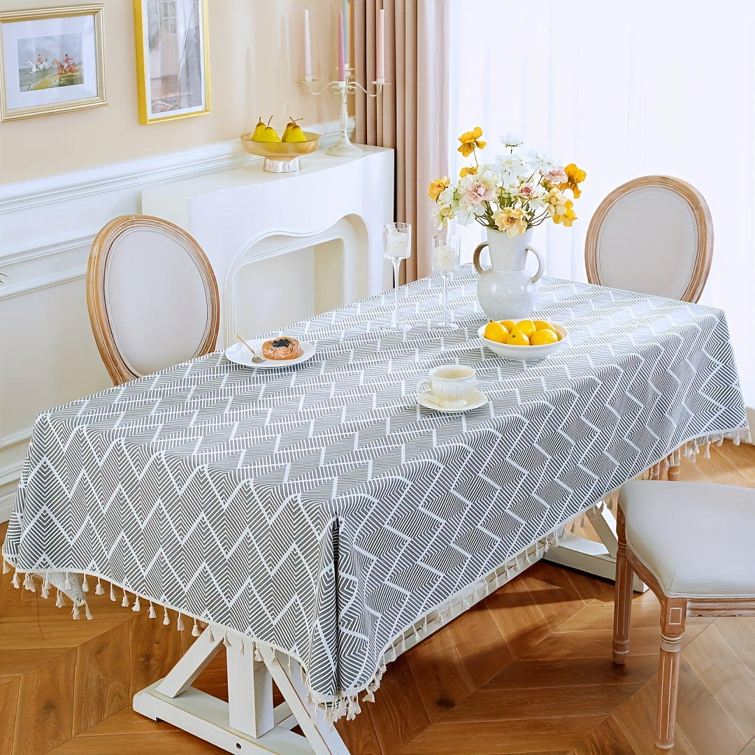 Boho Geometric Wave Pattern Tablecloth European Style Cotton Linen Rectangular