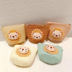 Straw Woven Diagonal Bag Lion Doll Mini Coin Purse