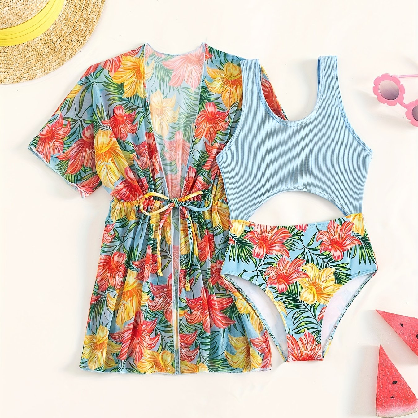 Girl's Tropical Plant Print Tankini Swimsuit & Cover Up